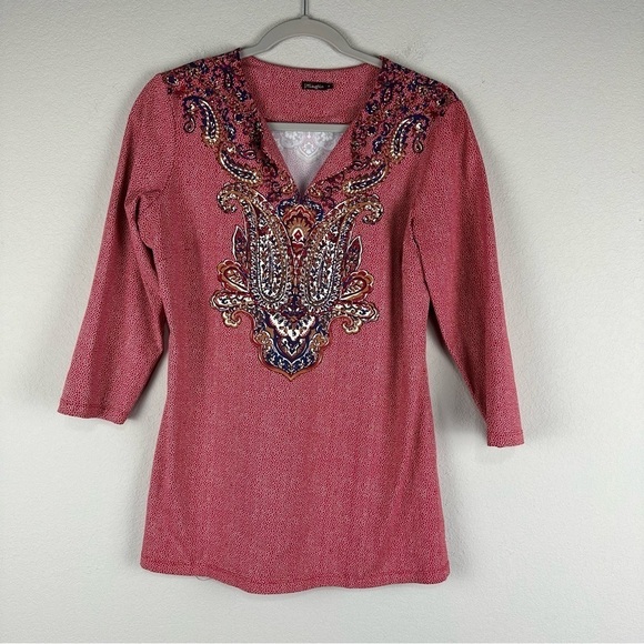 J. McLaughlin Red Paisley V-Neck 3/4 Sleeve Catalina Cloth Top Size Medium - Picture 1 of 8